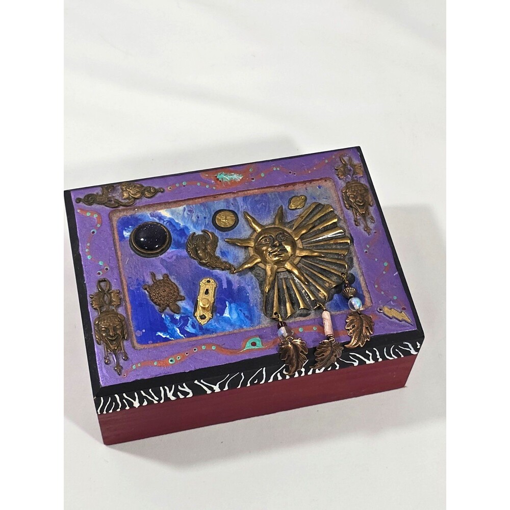 Vintage Trinket Box Celestial Wood Sun Moon jewled Handmade Signed keepsake